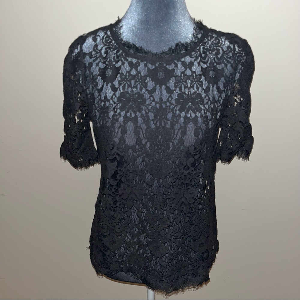 Vintage Black Lace Top with Short Ruffled Sleeves